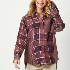 MYSTREE Oversized Plaid Button Down Shacket, Burgundy Wine Checkered, Grunge